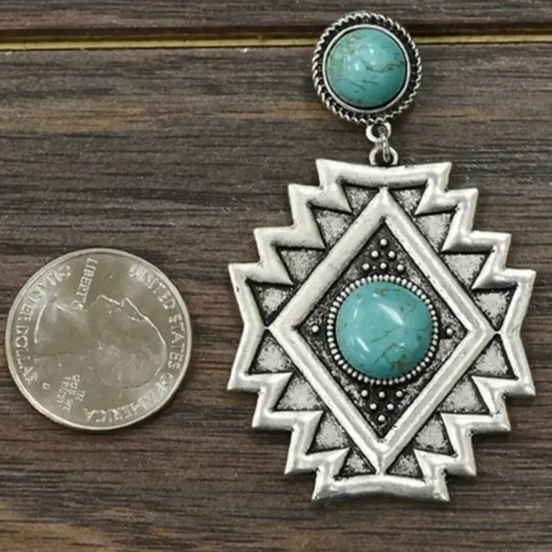 Featuring Turquoise Stones Jewelry Aztec Inspired Metal Hand Stamped Aztec Earring for Women Small Western Aztec Dangle Earrings