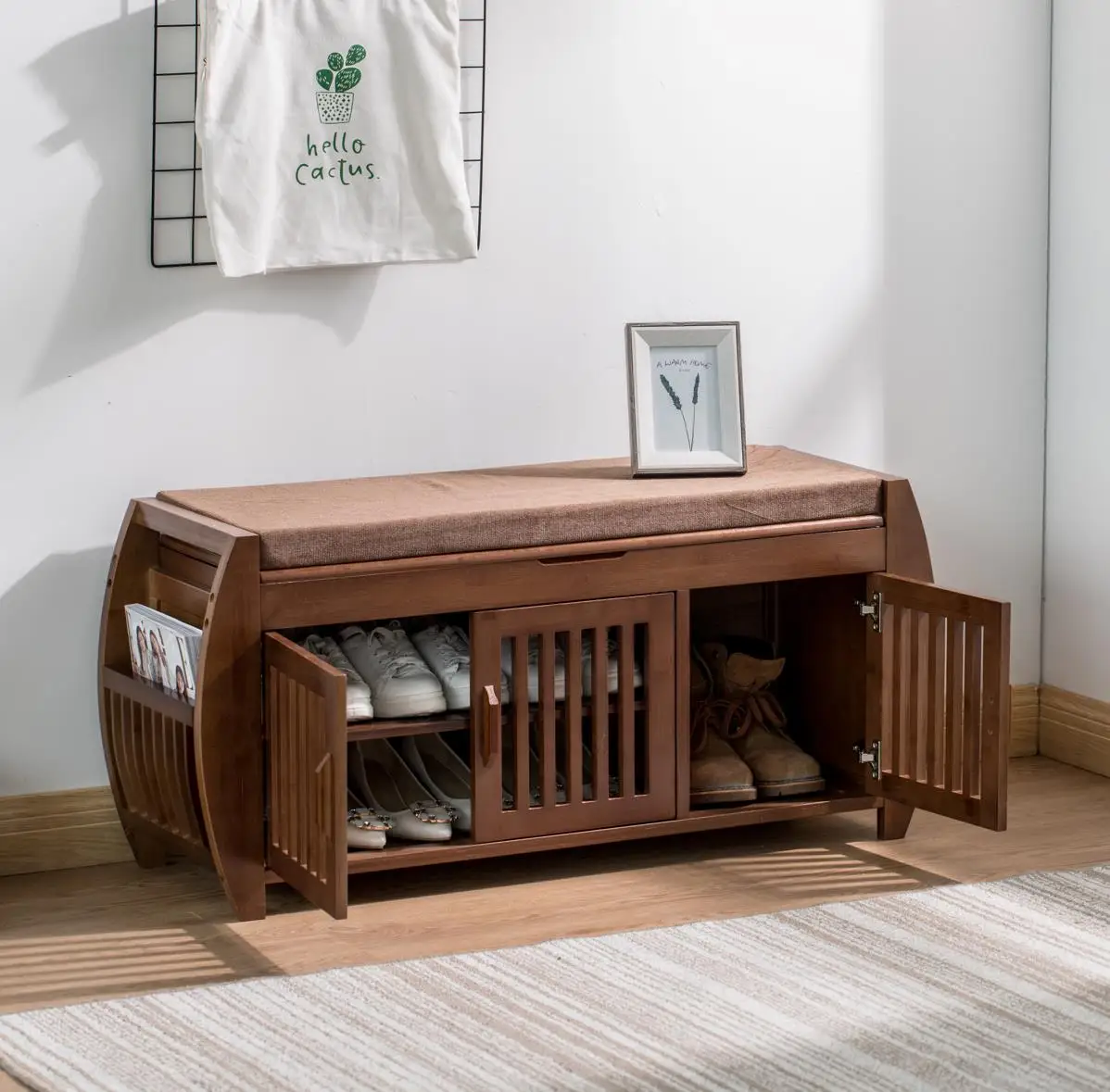 

New Europe Style Wood Shoes Cabinet 3-Door Soft Seat Cushion Modern Shoes Changing Stool Bench Storage Organizer