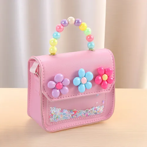 Bolsos de mano con flores bonitas para niños, bandolera con perlas brillantes para niñas, bolso de hombro para niños, bolsos cruzados de cuero PU con dibujos animados
