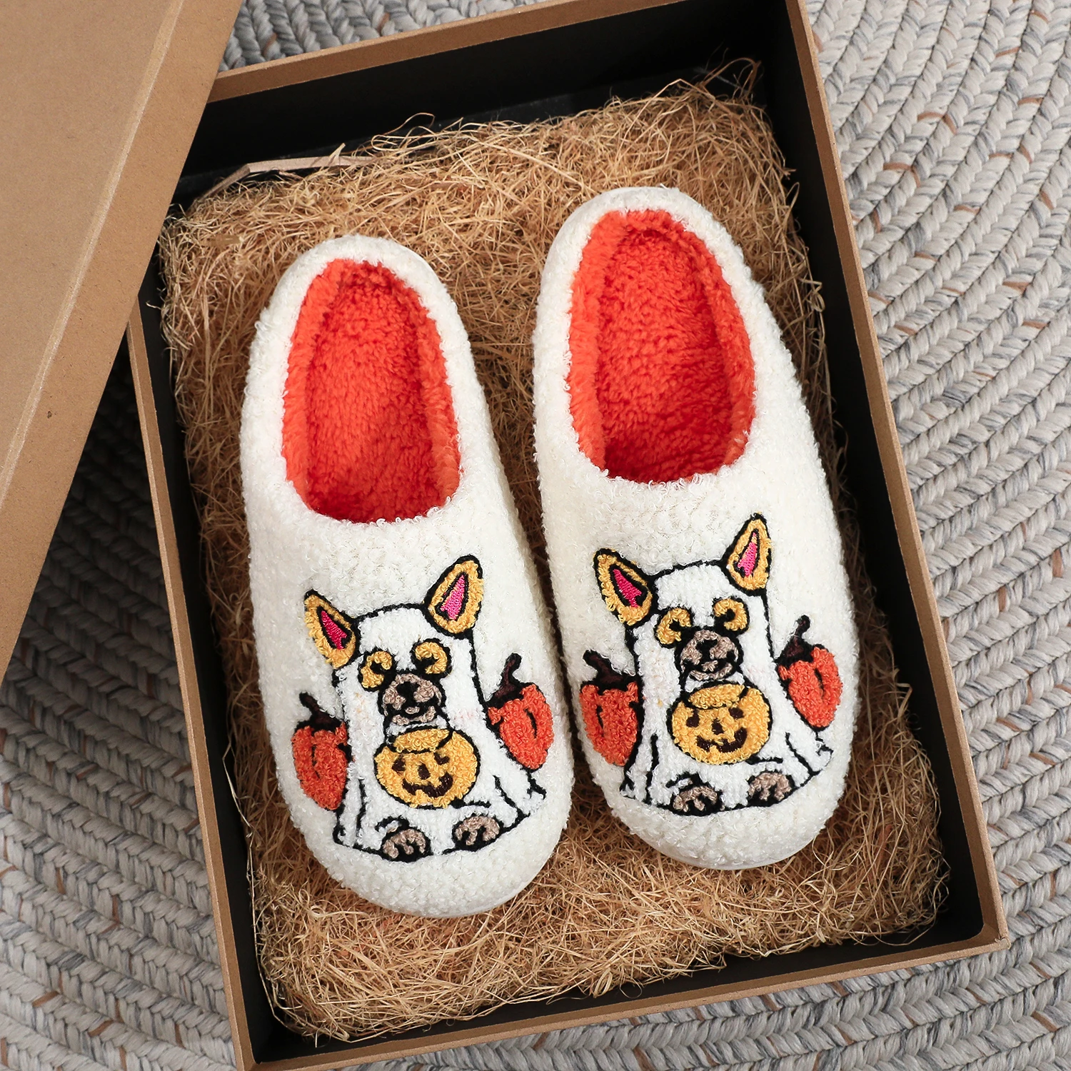 A Pair of White Halloween Pet Dog Ghost Dress up Pumpkin Element Pattern Embroider Plush Home Thick-Soled Comfortable Fur Slippers Personalized Warm Non-Slip Indoor Slippers Autumn and Winter Gifts for Men and Women to Wear - view 2