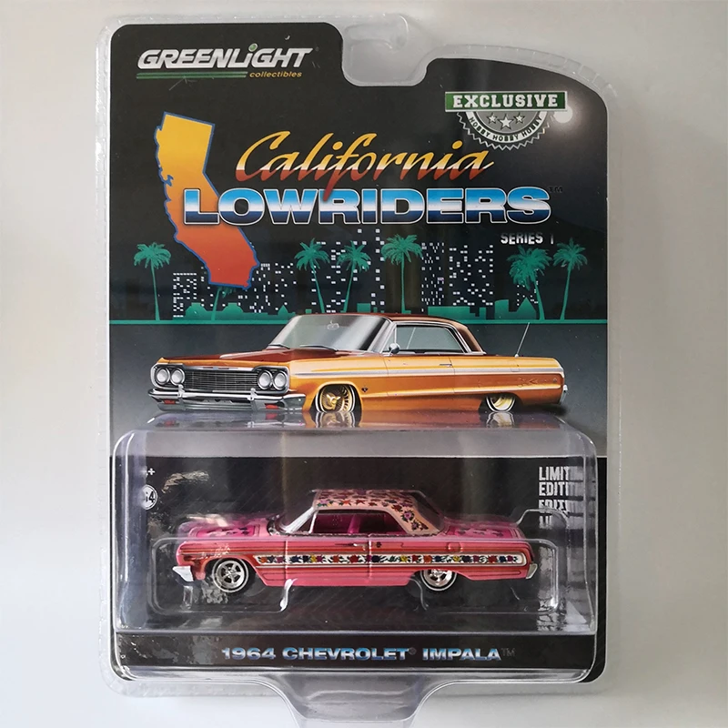 Greenlight 1:64 California Lowriders Series 1-1964 Impala Lowrider Pink with Roses Child New Year gift car model toy