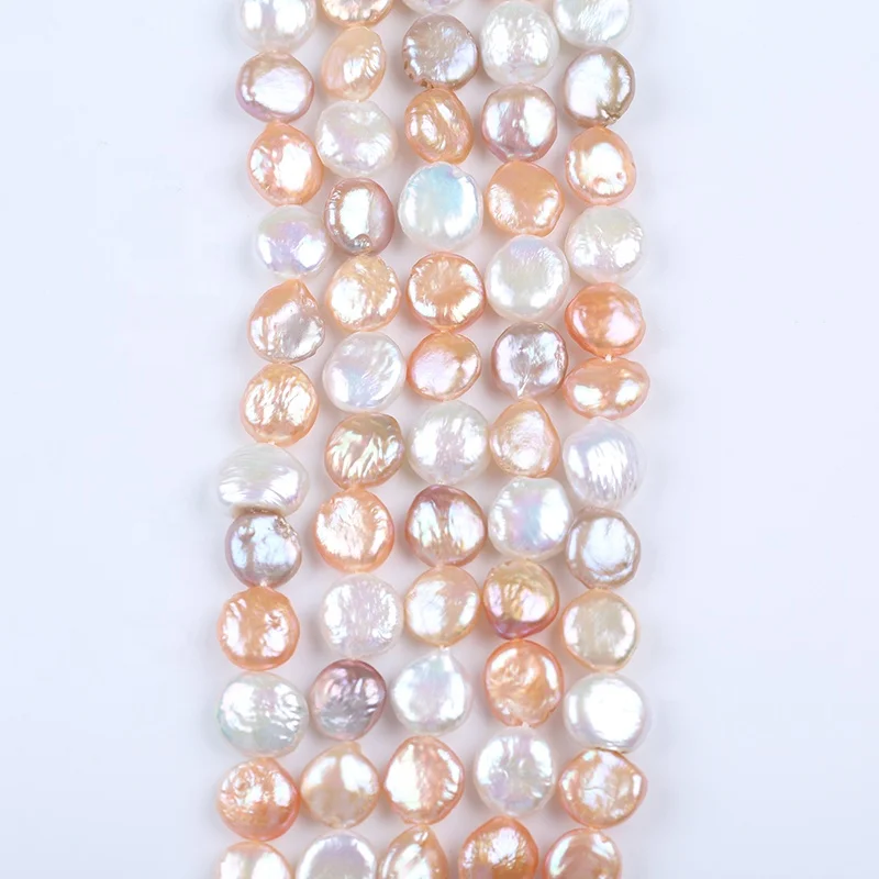11-12mm Coin Shape Natural White Pink Purple Mixed Color Beads Freshwater Pearls 18cm short Strands