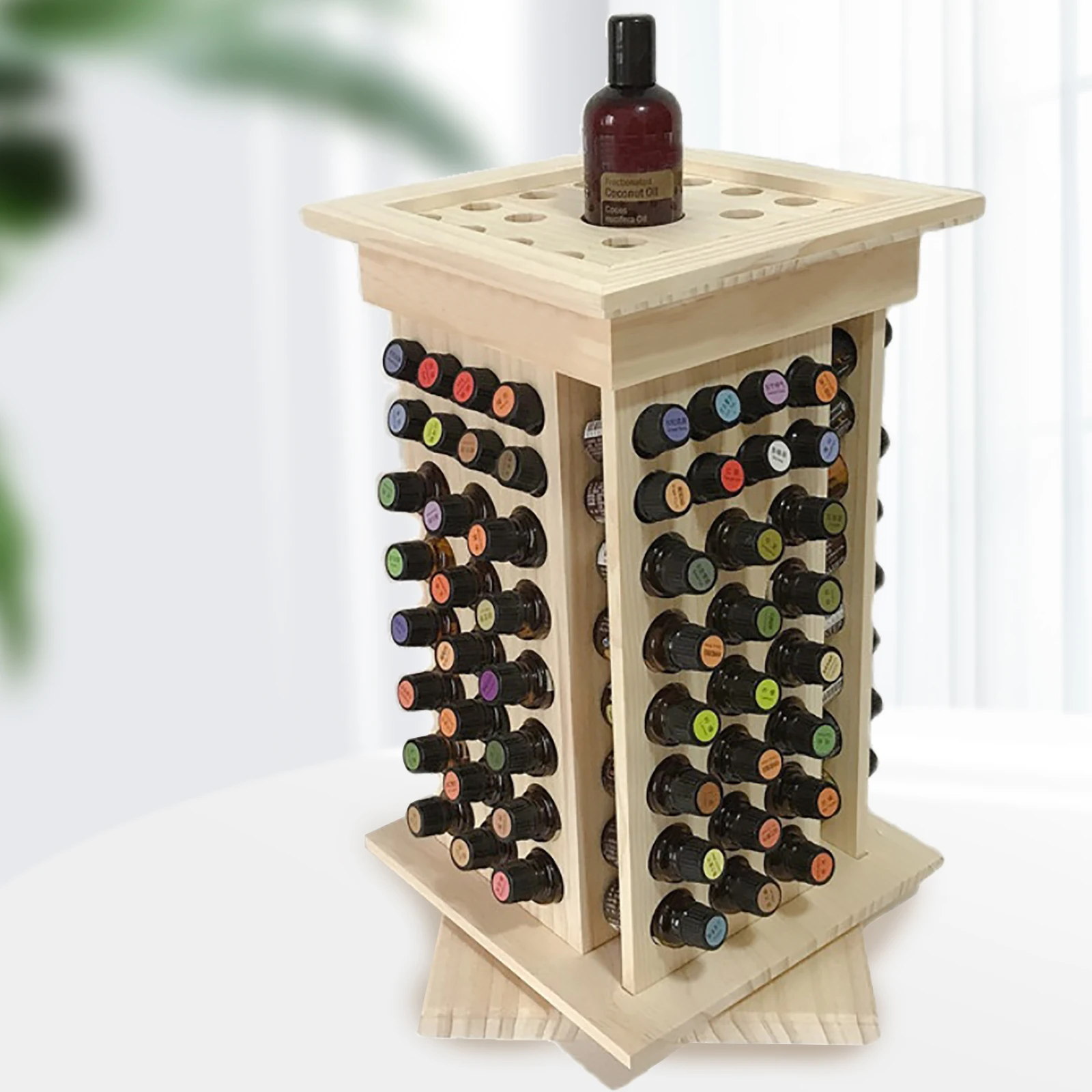 

Rotating Essential Oil Display Rack, 104 Holes Desktop Wooden Essential Oil Holder for Aromatherapy Bottles, Salon Spa