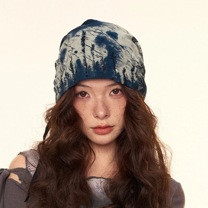 American Retro Ethnic Print Wrap Head Hat Women Fashion Trend Large Head Size Thin Layered Overhead Hat