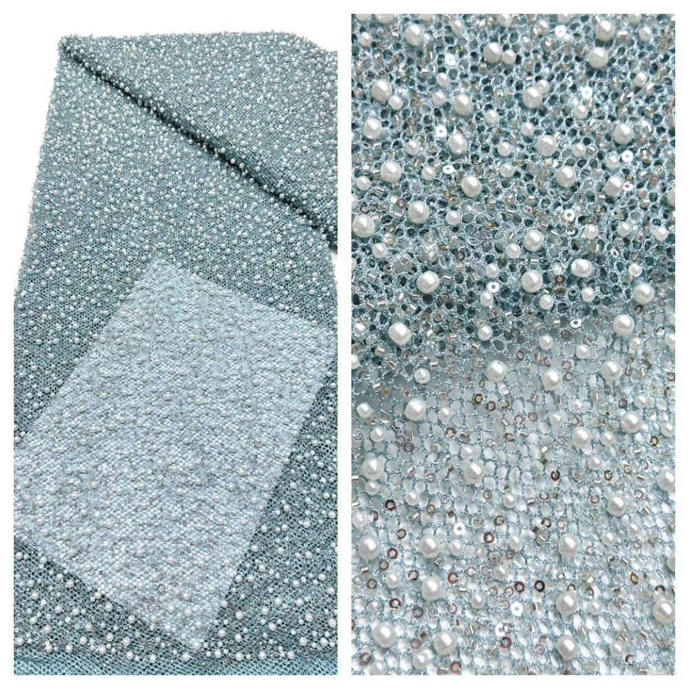 

African Tulle Lace Fabric 2026 French Net Sequins Fabric Sewing Embroidery With Beads Lace Tulle Mesh Nigeria Dress 5 Yards