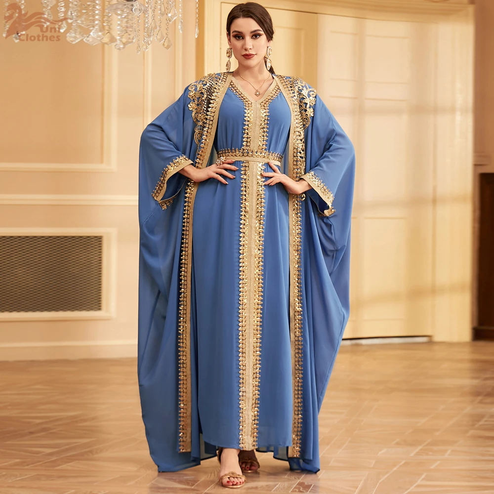 

Uni Muslim Women Sequins V-Neck Dresses Two Piece Set Women's Jalabiya Ramadan Clothes Moroccan Dubai Stylish Clothing 2025