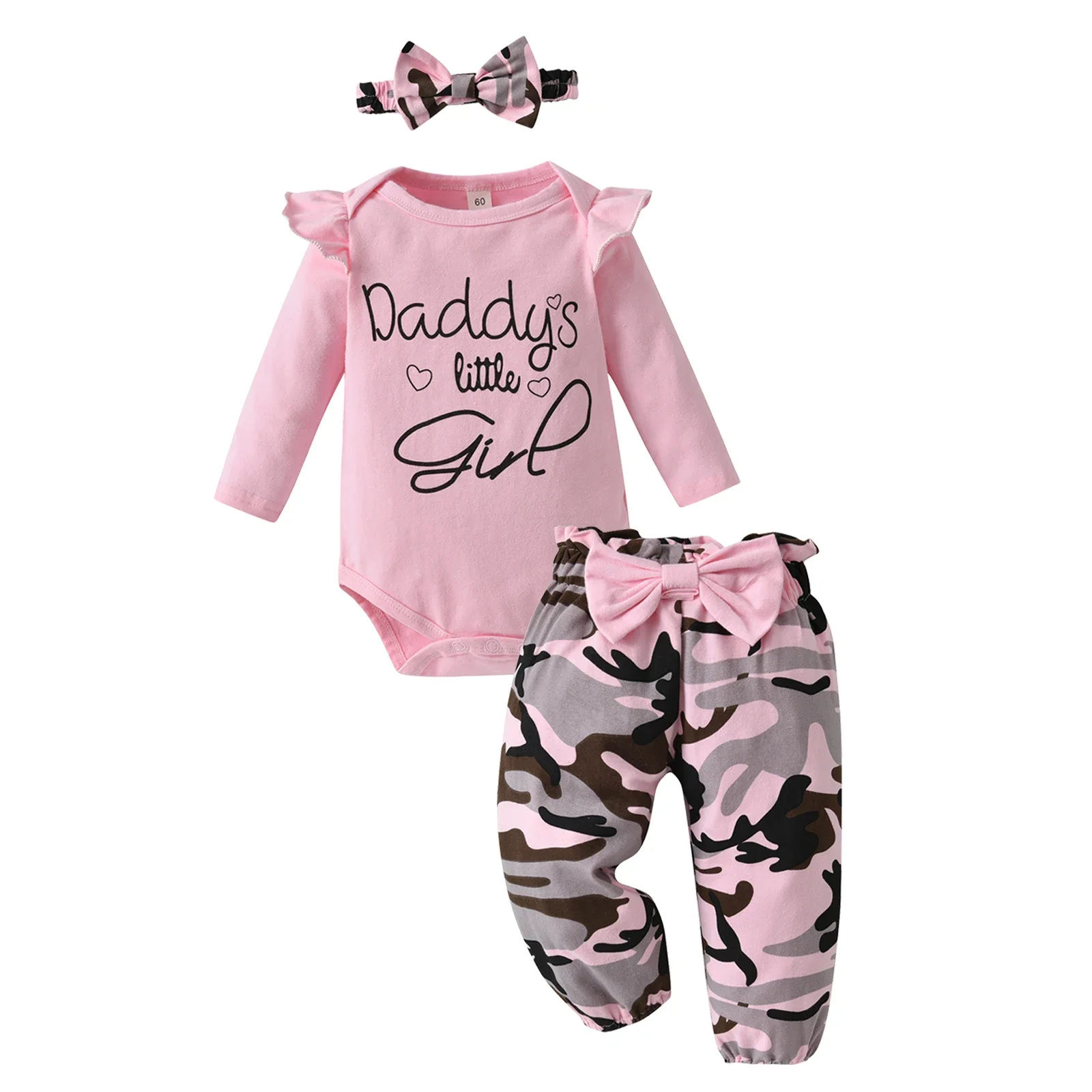 Fashion Infants Girl Baby 3Pcs Clothing Sets Letter Print Bodysuit  Top + Camouflage Long Pants with Bow Headband Newborn Outfit