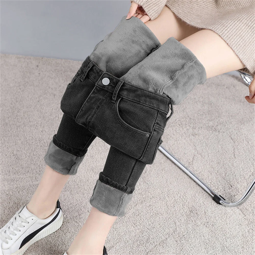 Winter Mittlere Taille Dünne Warme Jeans Frauen Plus Samt Knöchel Länge Casual Dicke Bleistift Hosen frauen kleidung Fleece Denim Hosen