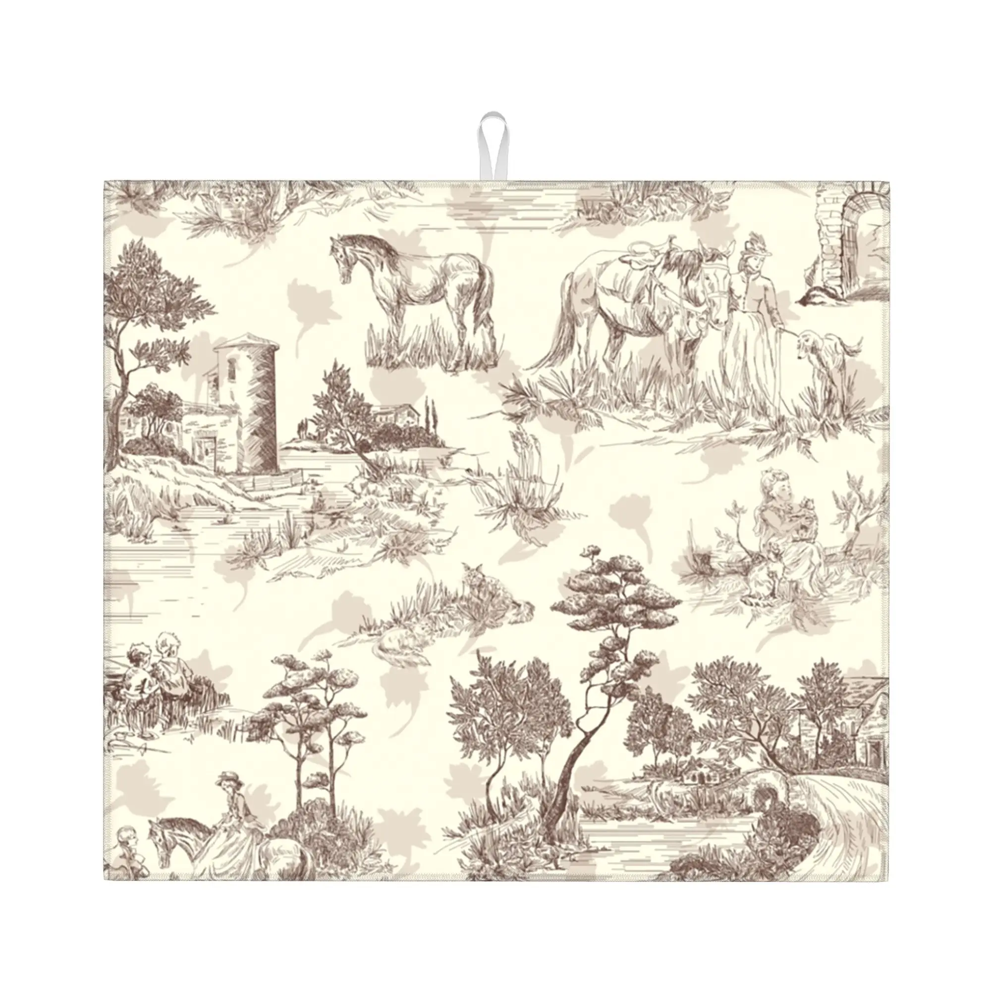 Toile De Jouy Sepia Vintage Parisian Art Design Drying Mat For Kitchen Waterproof Non‑Slip Oil Proof Countertop Protector Mat
