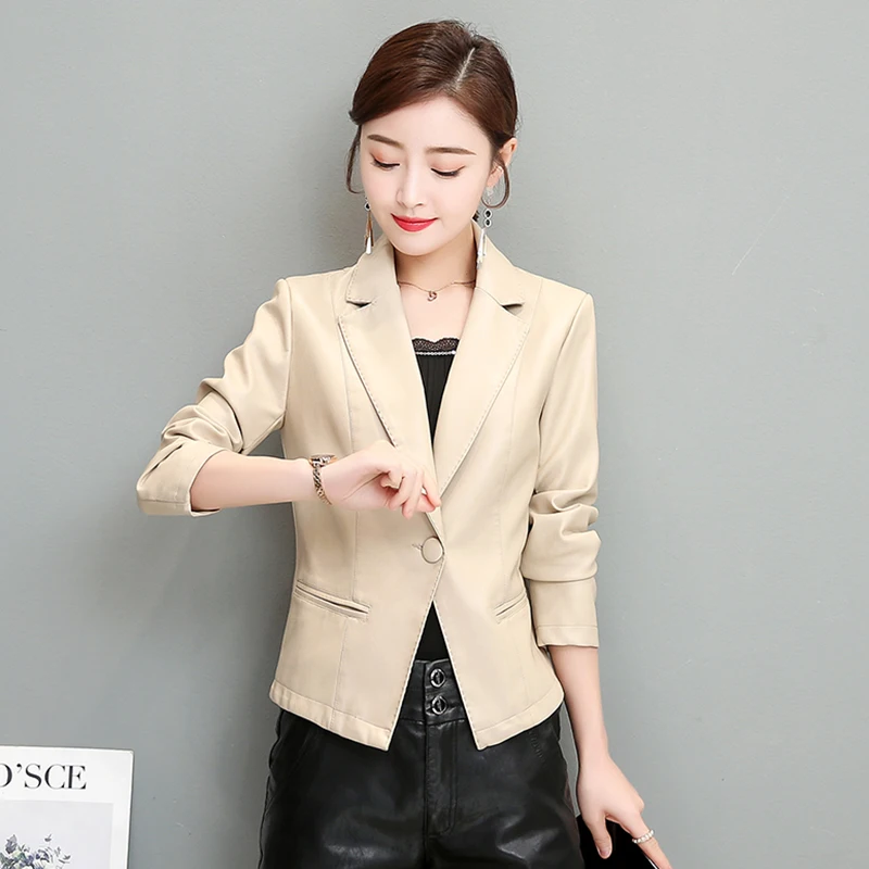 Spring 2025 Women's Slim Fit ort Leather Jaet eepskin True Leather Faionable Small Suit Sle Outerwear Coat