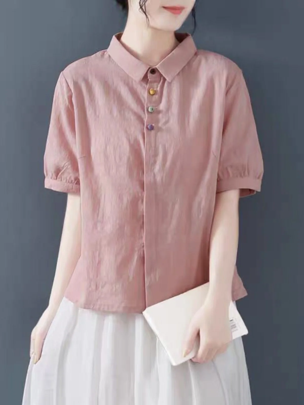 

Brand Store Tailored Cotton Linen ort Sve irt Women's Artistic Slim Fit Turn-down Collar Linen Top Summer Faion