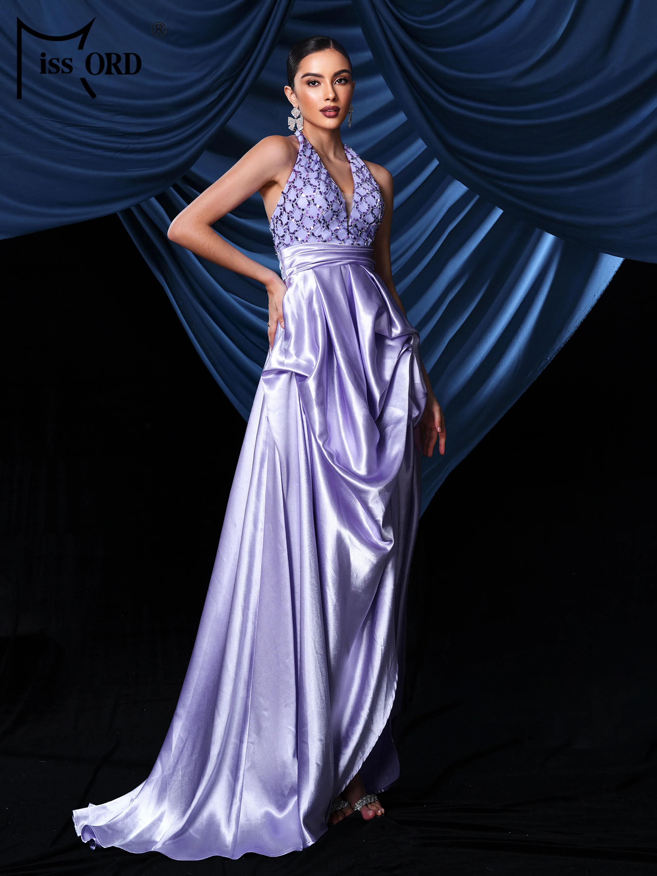 Missord-背中の開いたスプリットイブニングドレス,Vネック,紫色,結婚式,誕生日パーティー,カクテル,床の長さ,新品
