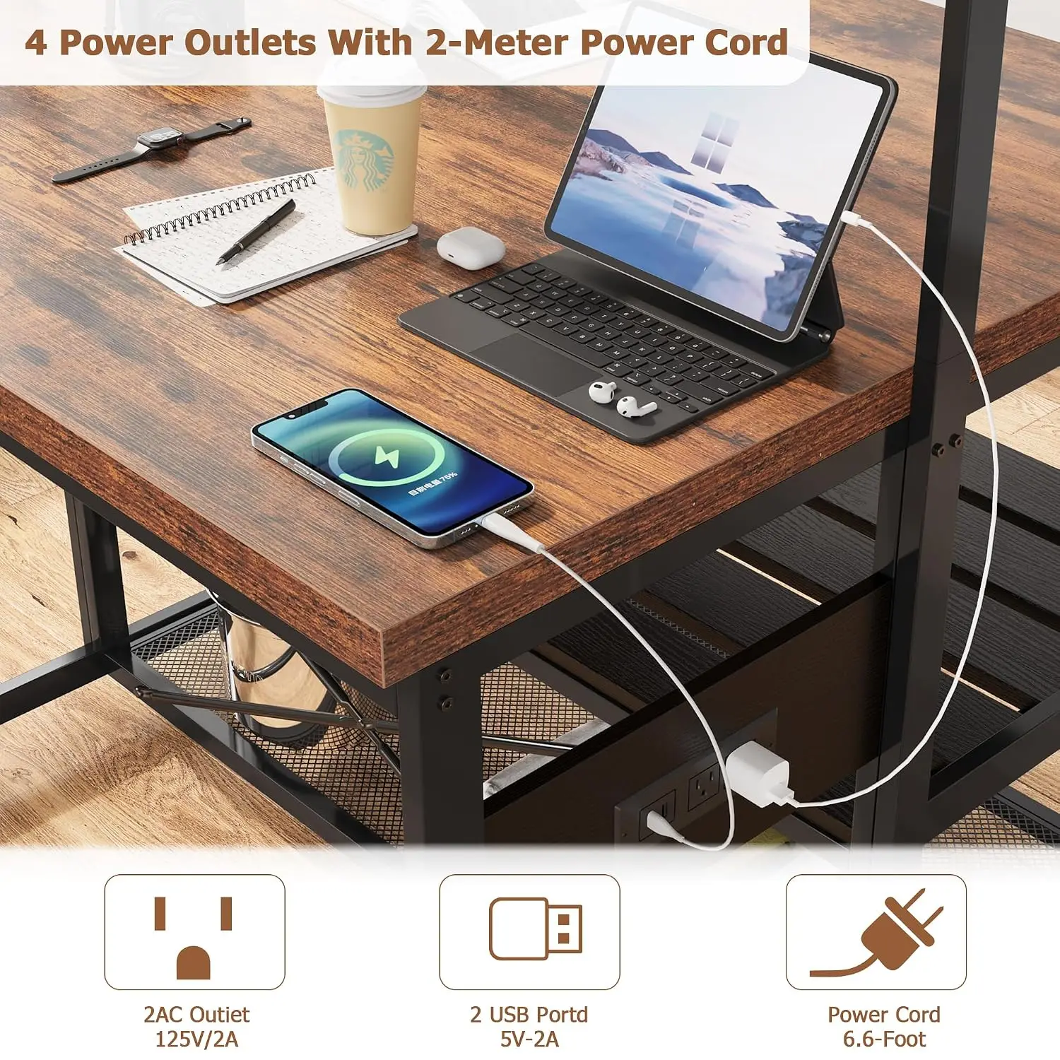 Kitchen Island 47" Storage Power Outlet Bakers Rack Microwave Stand 5 Hooks Industrial Coffee Bar Dining Living Room, Customized