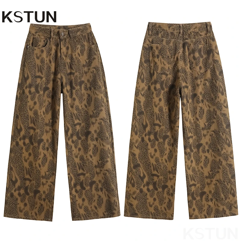 

KSTUN прямые широкие джинсы с леопардовым принтом, женские уличные брюки из 100% хлопка с низкой талией, винтажные брюки, уличные джинсовые брюки