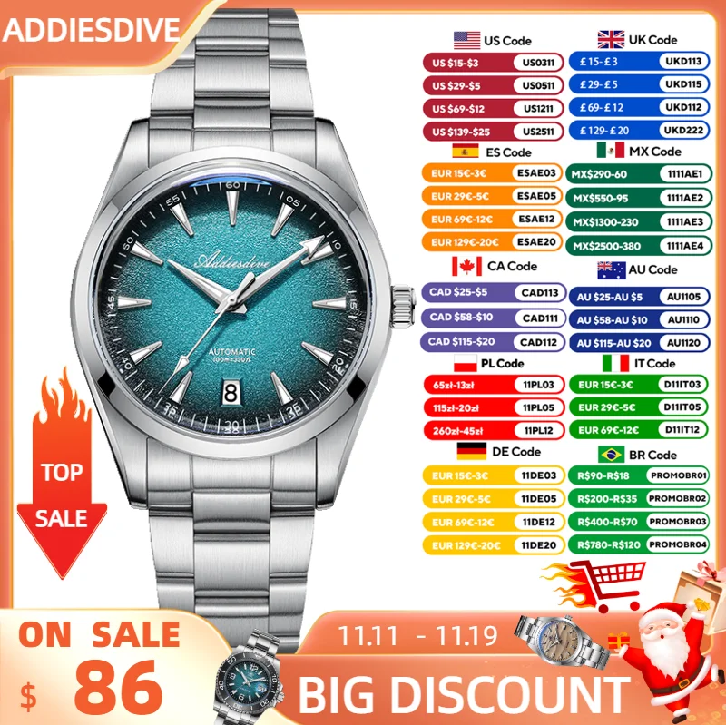 

ADDIESDIVE мужские автоматические часы новые 39 мм AR-покрытие куполообразное стекло механические наручные часы светящиеся спортивные водонепроницаемые 200 м