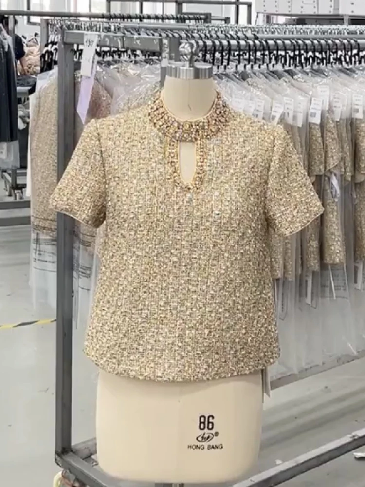 

Лето 2023, новинка Heavy Embellied Diamond Hollow Gold Color Small Fraance Sle Thi Tweed round Ne ort Sve, женские...