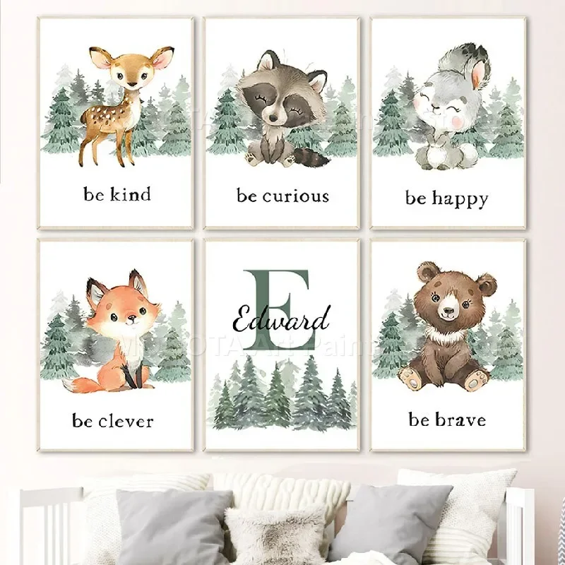 Bear Fox Deer Raccoon Rabbit Owl Woodland Nursery Wall Art Canvas Painting Forest Animals Poster Prints Pictures Kids Room Decor