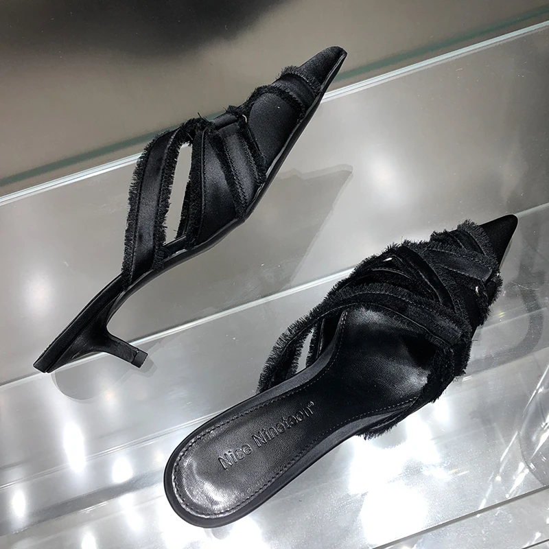 Zapatos de tacón medio para mujer, zapatos elegantes de mezclilla de diseñador a la moda, con punta puntiaguda, Mules deslizantes, 2023