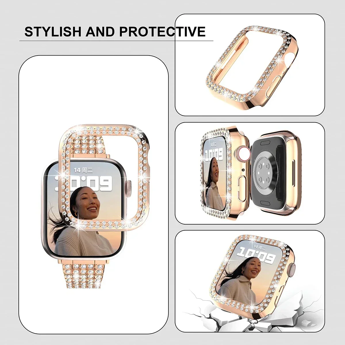 For Apple Watch Band Ultra 49mm 45mm 41mm 40/44mm 42mm Glitter Metal Strap Diamond Protective Case iWatch Series 9 8 7 6 5 4 SE