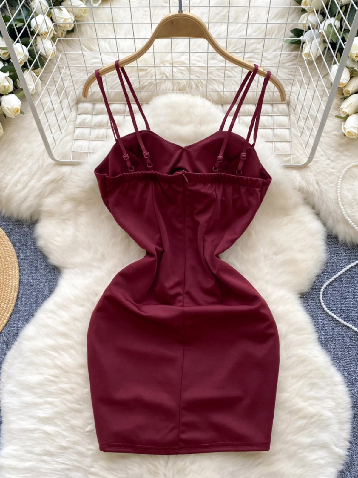 Foamlina American Sling Suspender Dress for Women\'s Summer Navel Exposed Slim Show Thin Wine Red Sexy Short Spaghetti Dresses