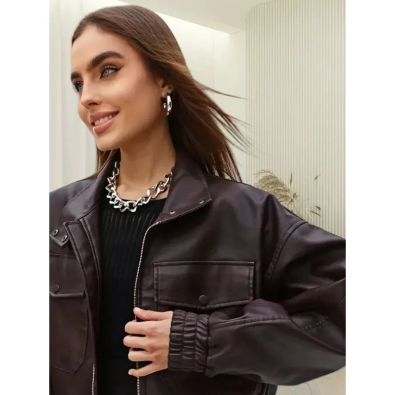 Women's Autumn Spring Top Coat Imitation Leather Cardigan Lapel Pocket Long Sleeve Retro Simple Casual Design Niche Versatile