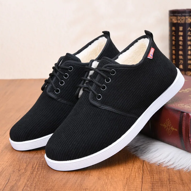 Men Winter Corduroy Lace Up Shoes Plush Lined Non-slip Flat Sole Not Above Ankle Casual Cotton Shoes