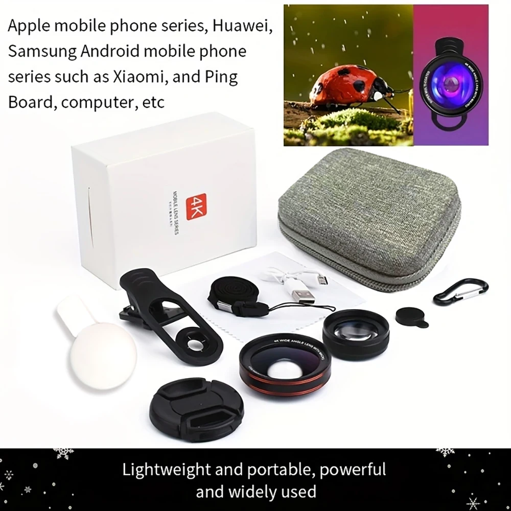 HD Camera Lens with Fill Light Mobile Phone Lens 0.45X Wide Angle Len 12.5X Macro Universal for iPhone 6S 7 Xiaomi Cellphones