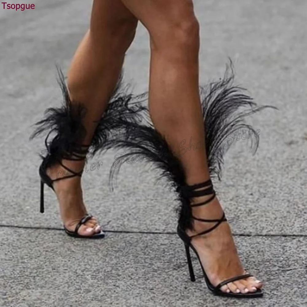 Sandalias con lazo cruzado y decoración de plumas negras, tacones de aguja, Zapatos de tacón alto Para Mujer, tacones de moda, novedad de 2024