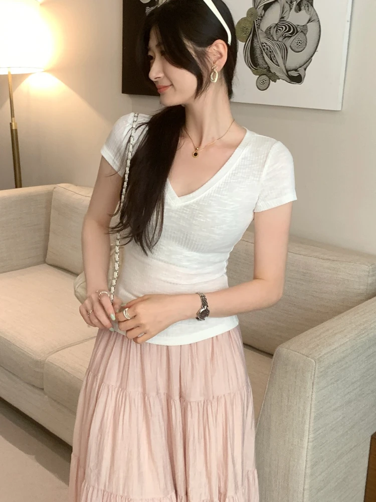 2026 Summer Unique Ribbed V Neck Women T-shirt Trendy Short Sleeve See-through Tee Slim Fit Casual Versatile Elegant Tops