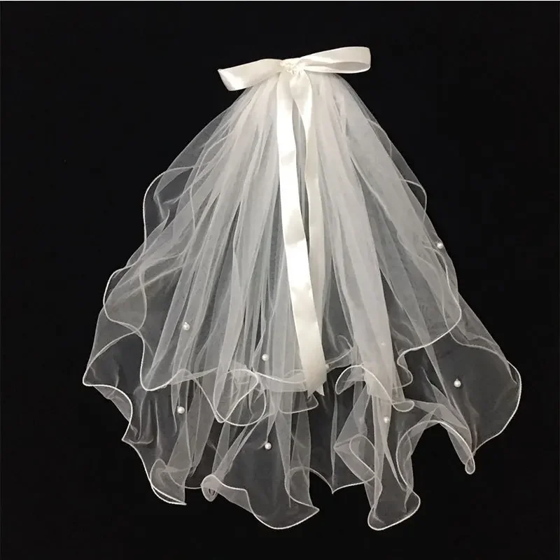 

White Pearls Bridal Comb Short Two Layer Elegant Vintage Wedding Veils For Bride Cosplay Costume Hair Accessories