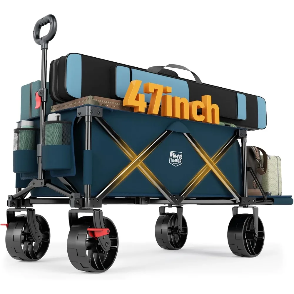 

47" L Collapsible Wagon with Tailgate & Brake, 300lbs Heavy Duty Beach Wagon with All-Terrain Big Wheels, 250L Foldable Utility