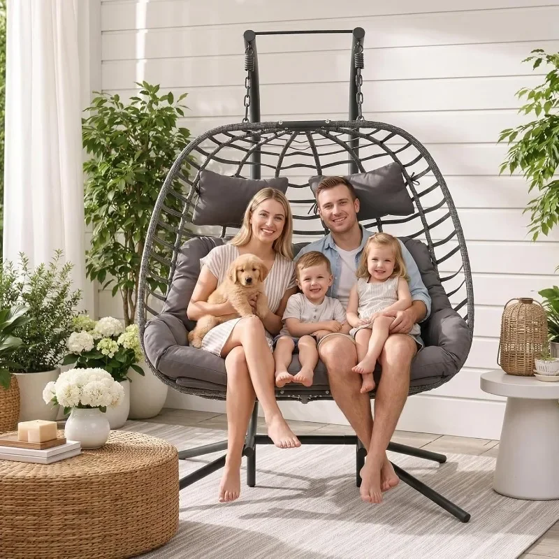 Double Egg Swing Chair with Stand for Outdoor, Patio Hand Made Rattan Wicker 2 Double Hanging Egg Chairs Hammock Chair with UV