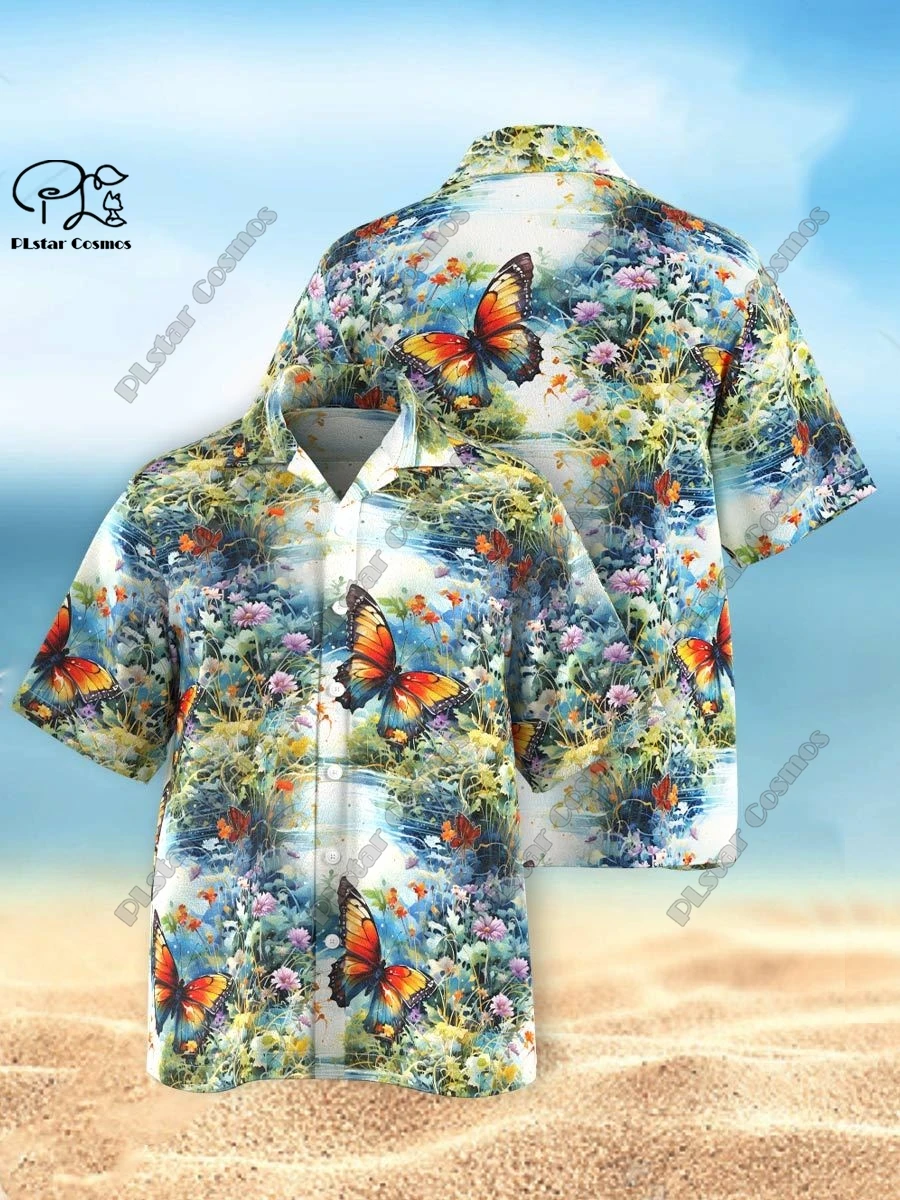 Chemise Hawaïenne à Manches Courtes pour Homme, Imprimée en 3D, Motif Floral, Papillon, Unisexe, Cadeau, Été, 1