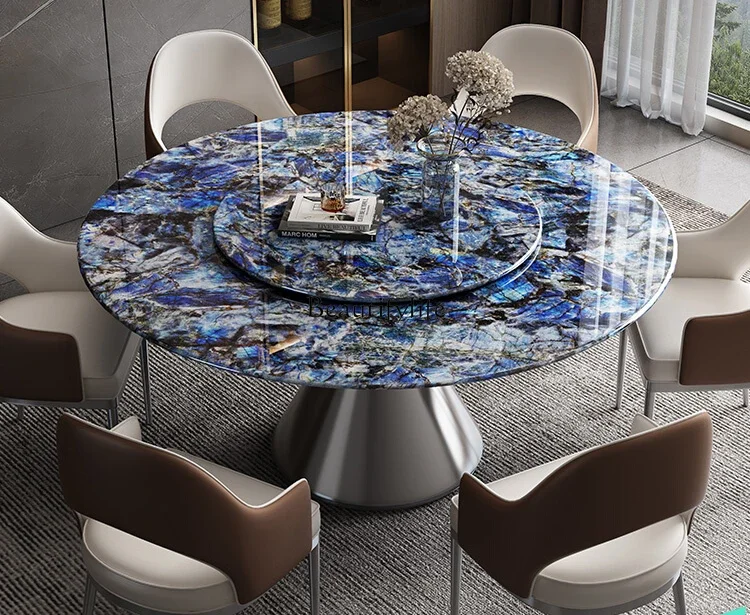 Italian light luxury blue jadeite supercrystalline stone dining table round with turntable marble