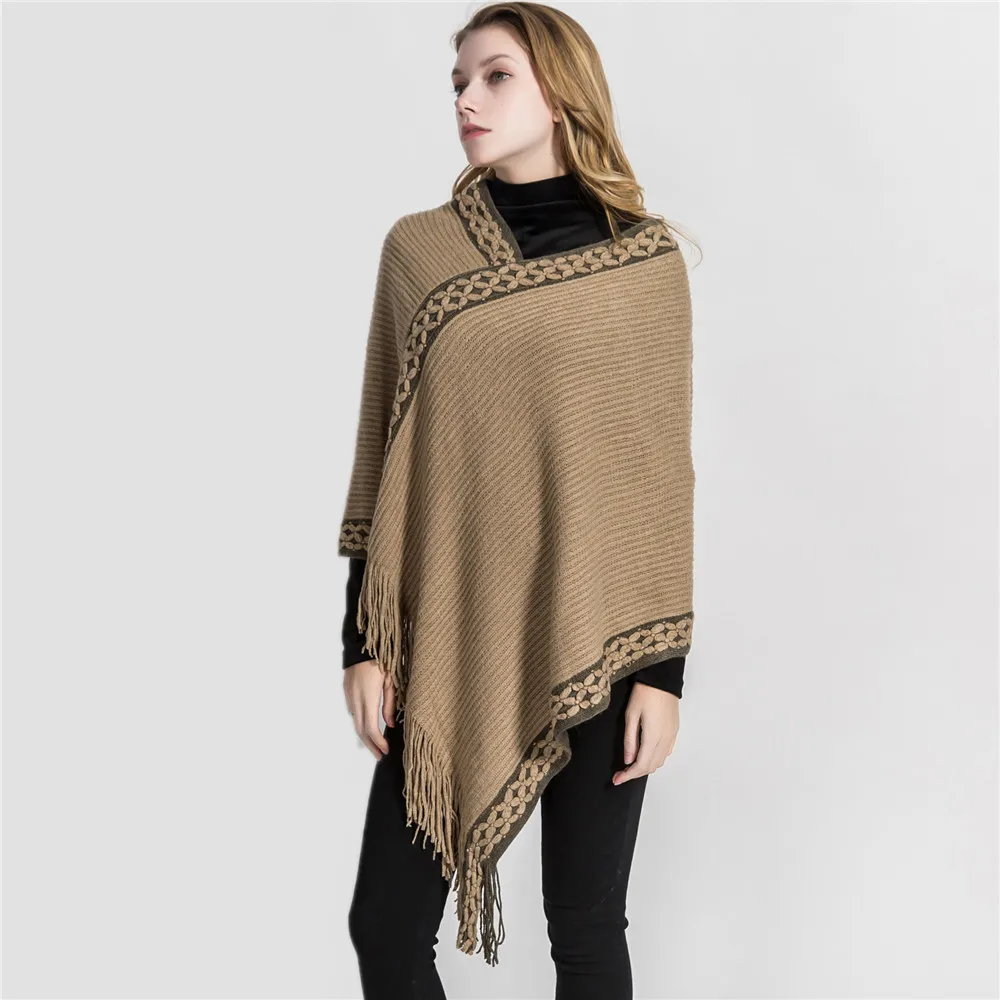 

2022 Spring Autumn Embroidered Neckline Solid Color Imitation Cashmere Warm Pullover Shawl Scarf Cloak Lady Poncho Capes Khaki