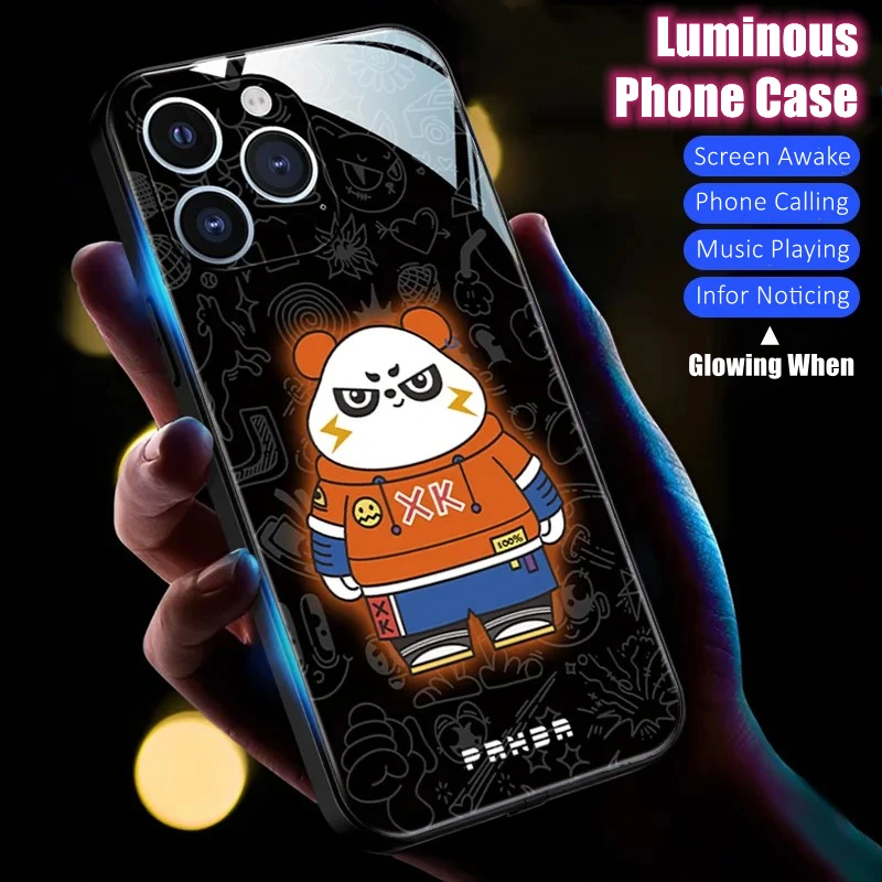 

Panda Hero LED Light Glowing Luminous Tempered Glass Phone Case for Samsung S22 S23 S24 Note 10 20 A14 A33 A54 A73 Plus Ultra