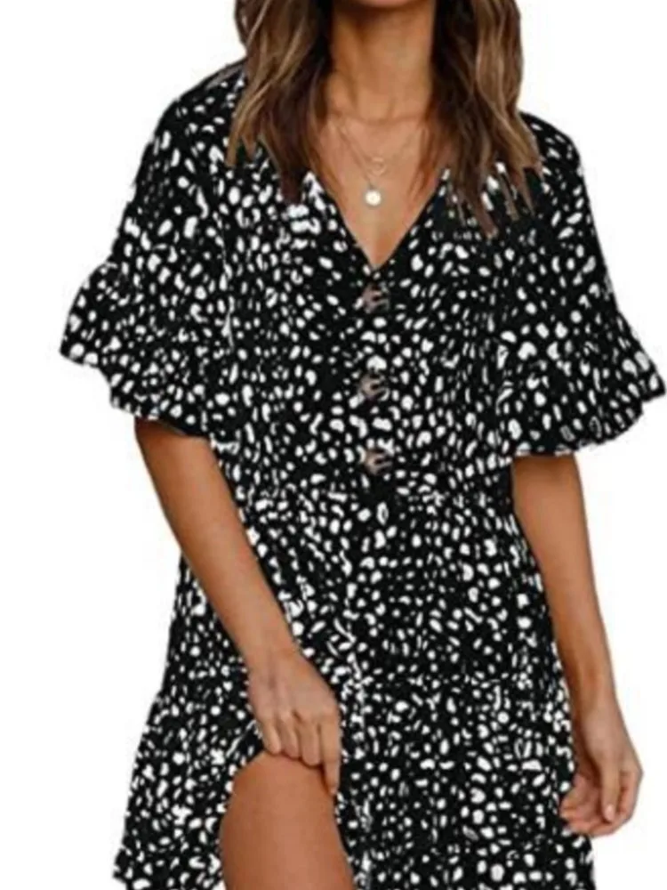 Summer Women\'s New Dress Short-sleeved Loose Button V-neck Leopard Print Splicing Lotus Sleeve Skirt Women Beach Vacation Style