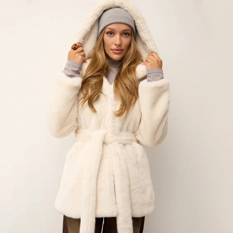 Women's Winter Fur Coat 2026 Hooded Causal Faux Fur Jacket New Warm Thick Outerwear Fashion Lady Fluffy Fur Coat with Belt