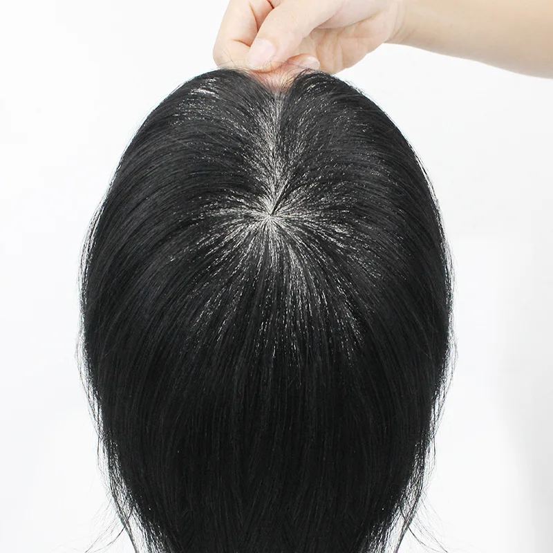شعر مستعار للرجال باللون الأسود الطبيعي 100% نظام استبدال قاعدة من البولي يوريثان لشعر التاج مع خط شعر حيوي لصور السيلفي #1