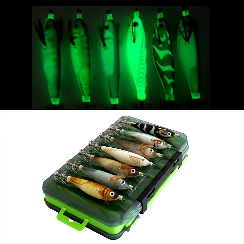 14pcs Luminous Horizontal Squid Jig Wood Shrimp Squid Hook Artificial Bait Octopus Cuttlefish Shrimp Saltwater Hard Bait Tackle