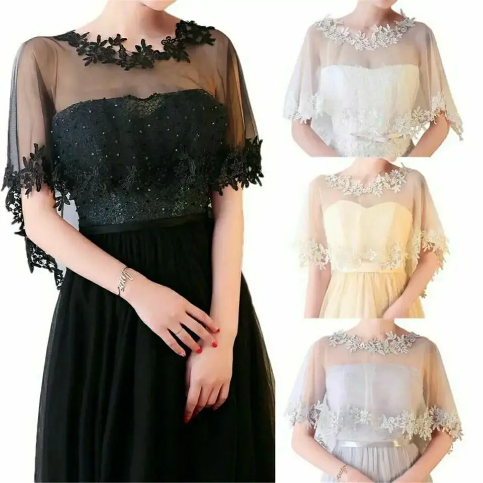 Capa de encaje de manga corta con cuello redondo para mujer, chal elegante de tul con apliques negros para boda, Noche y graduación, Verano