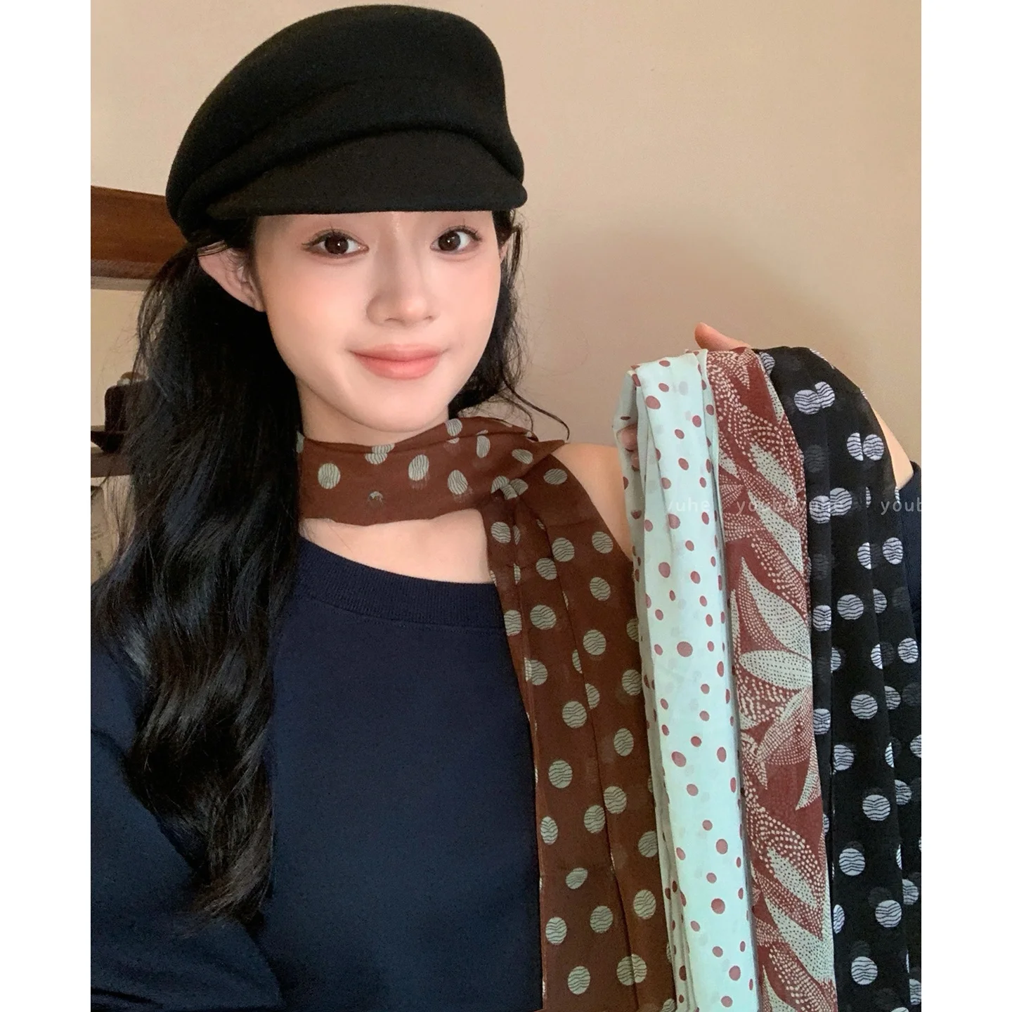 وشاح رقبة فني بنقاط بنية للنساء، طويل ومتعدد الاستخدامات، بأسلوب كوري عصري، إكسسوار موسمي للربيع والخريف