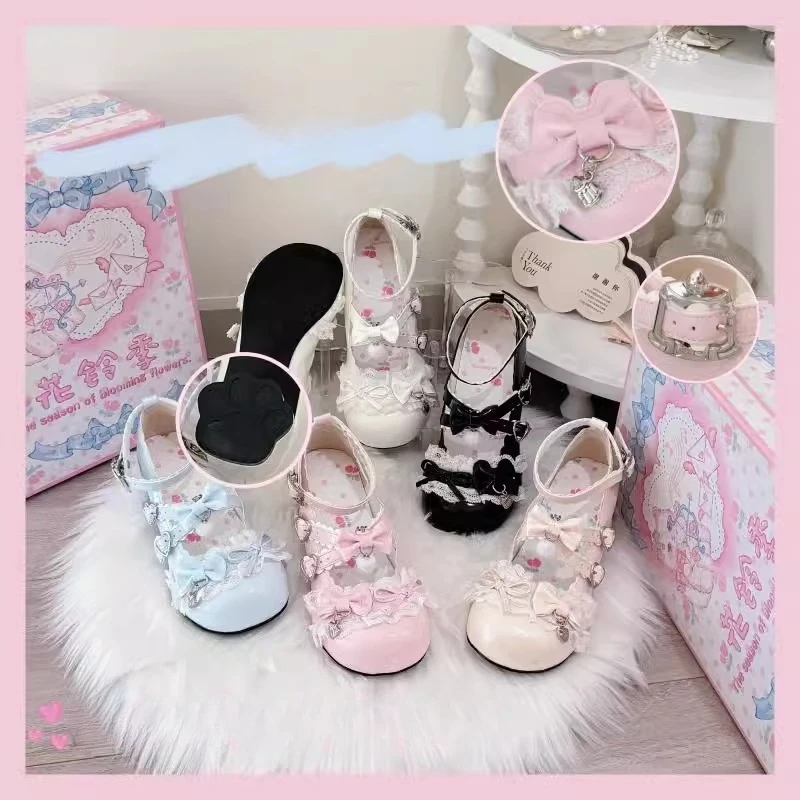 

Японская мода, универсальные женские туфли на высоком каблуке, милые и милые туфли Лолиты с кружевом и бантом, женская обувь на низком каблуке с круглой головкой и царапинами в виде кошки