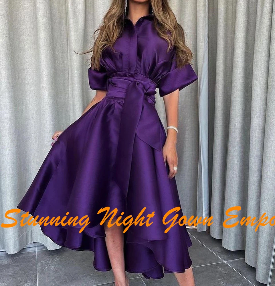 Classic Pleats Buttons Belt Tea Length Evening Dresses Temperament A-Line Satin Crew Neck Purple Party Gowns vestidos de fiesta