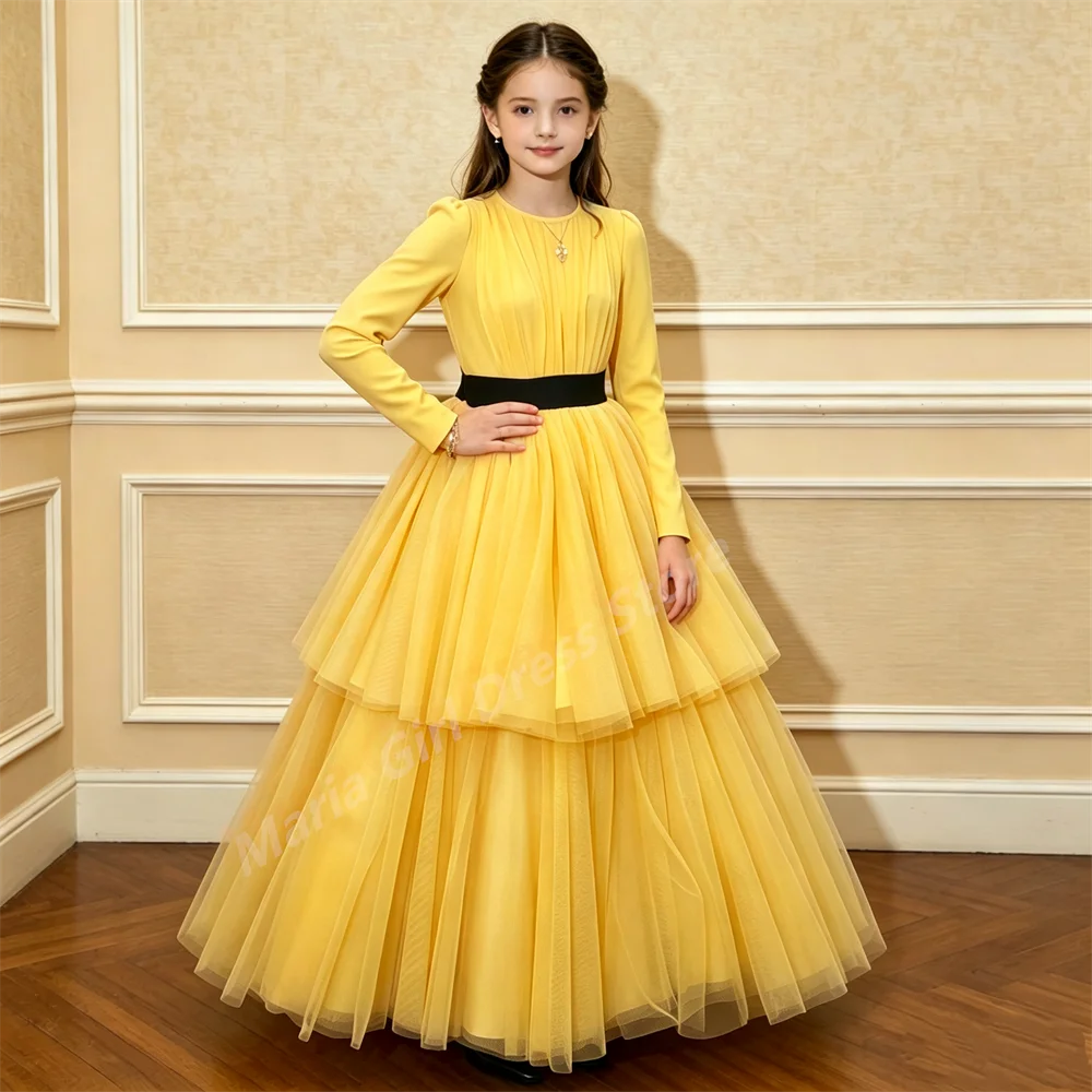 Vestido de gala para niña con cinturón negro, capas, manga larga, estilo princesa, para ceremonia, piano, solista, boda, banquete, noche