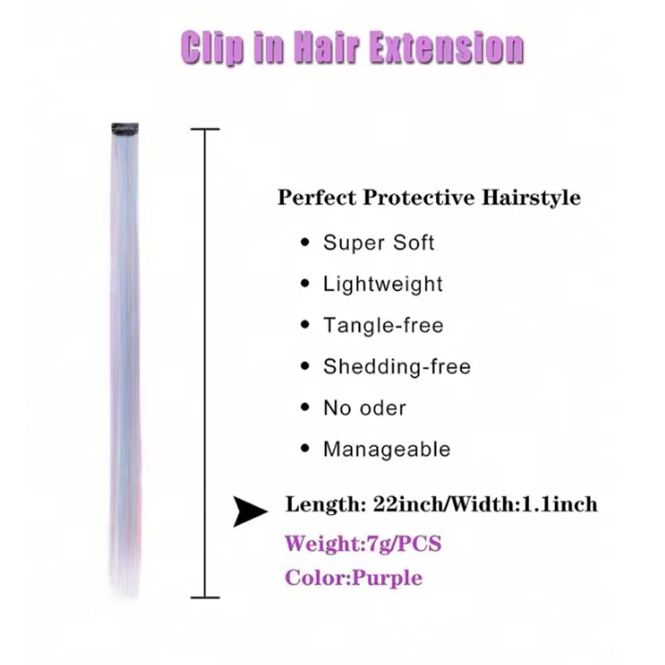 6 Piezas/Set Unicornio Color Arcoíris Clip en Una Pieza Extensión de Cabello Rosa Azul Púrpura Mezcla Color Clip en Accesorios de Cabello Sintético 2