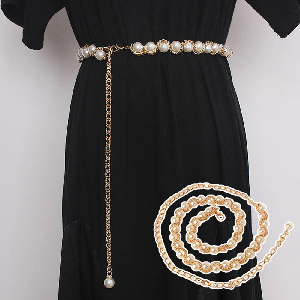 

Pearl Chain Belt Metal Waist Chain Alloy Hook Buckle Dress Decoration Thin Waistband Adjustable Chain Faux Pearl Slim Waist Belt