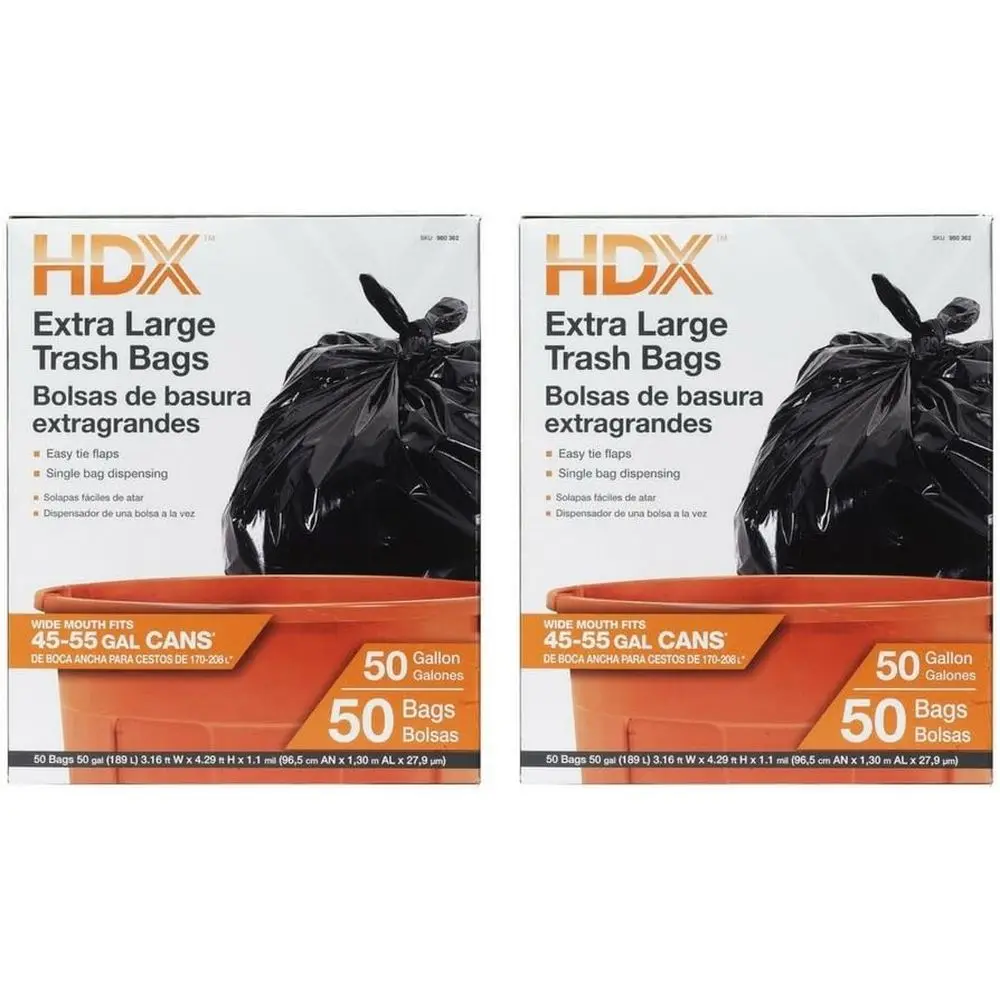 

50 Gallon Capacity, XL Black Trash Bags, 50 Count, 2 Packs