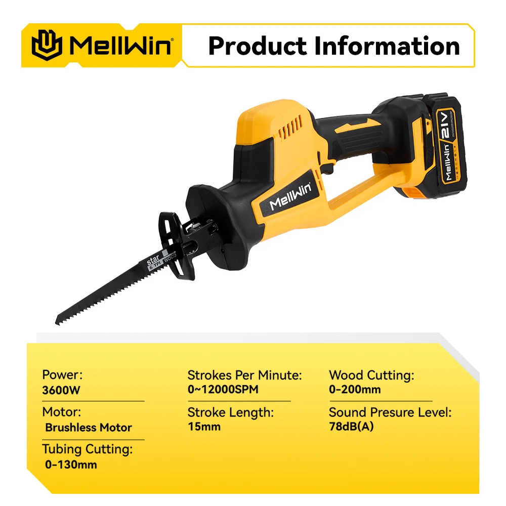 MELLWIN 3600W Brushless Electric Reciprocating Saw Cordless Handheld Wood Metal Pipe Cutting Saw Tool For Makita 18v Battery