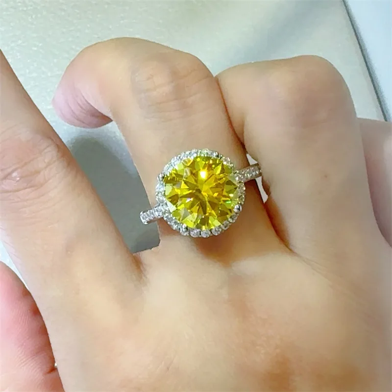 Anel de moissanite redondo amarelo 5 quilates, moda elegante temperamento colorido diamante conjunto de luxo moissanite joias de haste feminina